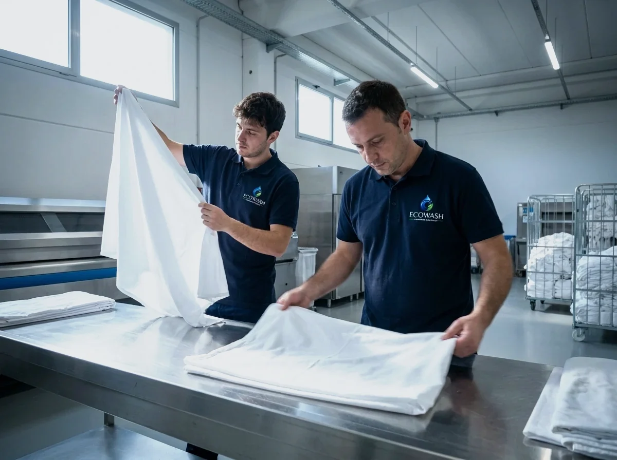 ECOWASH technicians inspecting linen